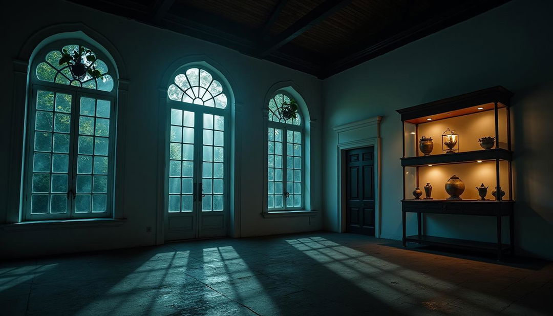 An atmospheric old colonial museum at night, showcasing white walls that exude a sense of worthiness and elegance