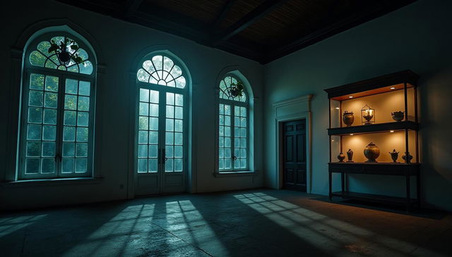 An atmospheric old colonial museum at night, showcasing white walls that exude a sense of worthiness and elegance