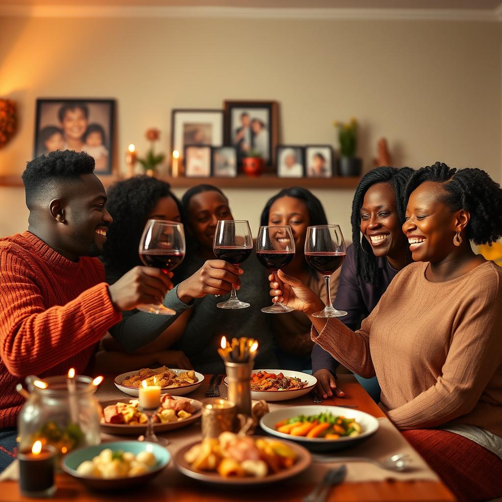 A joyful black family gathered together in a cozy living room, celebrating a special occasion with smiles and laughter