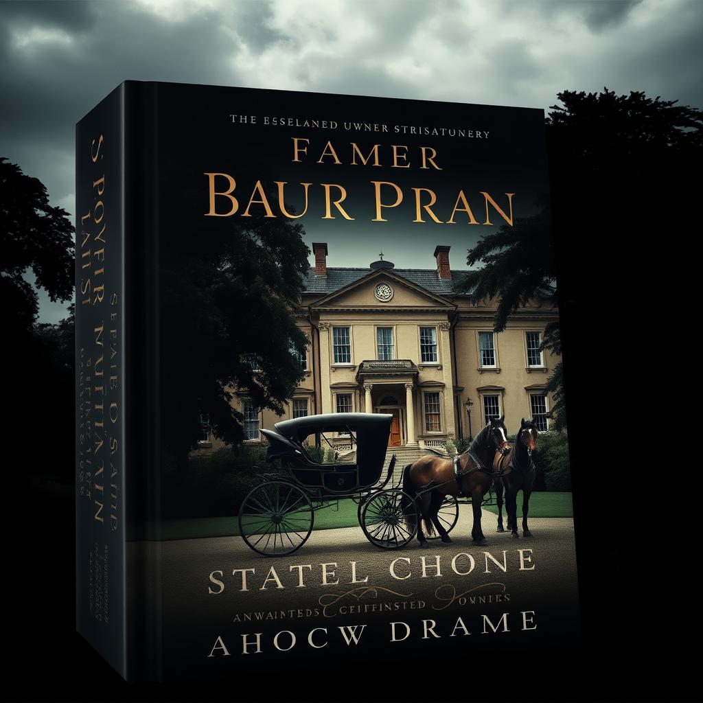 A moody book cover for a period drama featuring a horse-drawn carriage in front of a grand stately home, depicted under an overcast sky to evoke a sense of nostalgia and intrigue