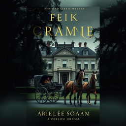 A moody book cover for a period drama featuring a horse-drawn carriage in front of a grand stately home, depicted under an overcast sky to evoke a sense of nostalgia and intrigue