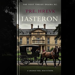 A moody book cover for a period drama featuring a horse-drawn carriage in front of a grand stately home, depicted under an overcast sky to evoke a sense of nostalgia and intrigue