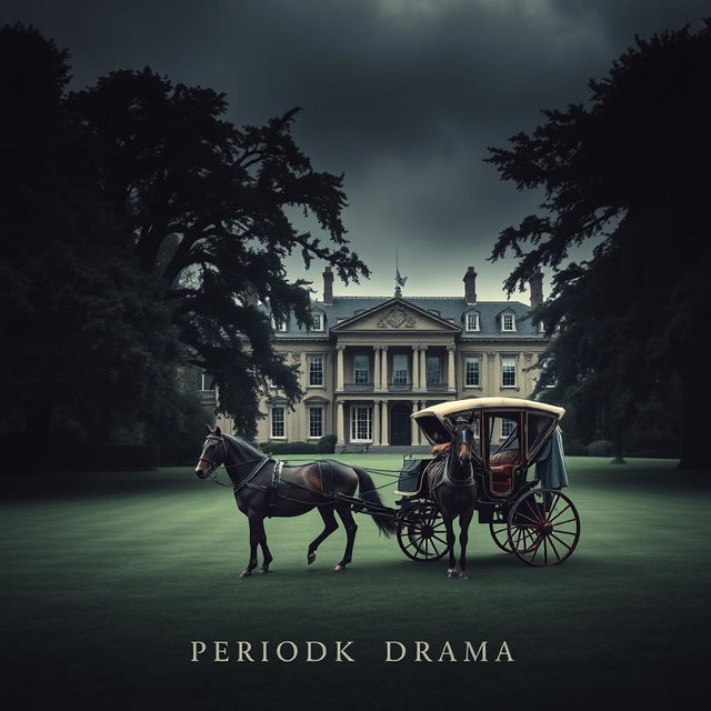 A moody book cover for a period drama featuring a horse-drawn carriage in front of a grand stately home, depicted under an overcast sky to evoke a sense of nostalgia and intrigue