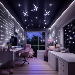 Design a modern, simple room for an 18-year-old, tomboyish yet girly girl with a balcony. Incorporate black, blue, purple, grey, and white lights arranged in moon and star designs. Blend Sanatan Dharma elements with anime and K-Drama themes along with a butterfly mirror wall decor.