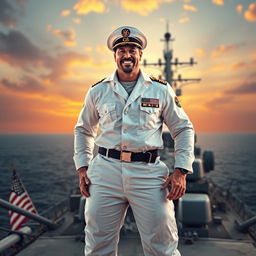 A stunning portrayal of a USA Navy Seal named Steven Seagal, captivating and charming in his pristine white Navy Seal uniform, standing confidently atop a battleship