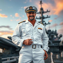 A stunning portrayal of a USA Navy Seal named Steven Seagal, captivating and charming in his pristine white Navy Seal uniform, standing confidently atop a battleship