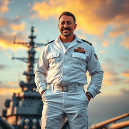 A stunning portrayal of a USA Navy Seal named Steven Seagal, captivating and charming in his pristine white Navy Seal uniform, standing confidently atop a battleship