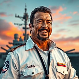 A stunning portrayal of a USA Navy Seal named Steven Seagal, captivating and charming in his pristine white Navy Seal uniform, standing confidently atop a battleship