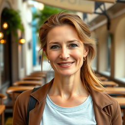 A full-height photograph of a woman aged 30 to 45 years with a natural appearance, featuring minimal makeup and well-groomed hair
