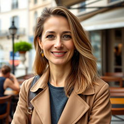 A full-height photograph of a woman aged 30 to 45 years with a natural appearance, featuring minimal makeup and well-groomed hair