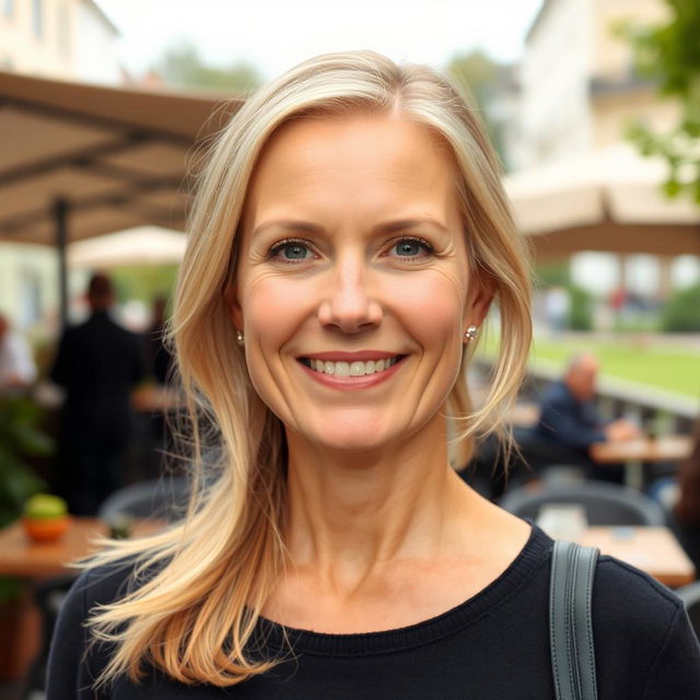 A full-height photograph of a woman aged 30 to 45 years with a natural appearance, featuring minimal makeup and well-groomed hair