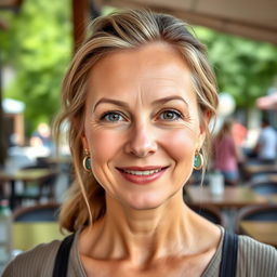 A full-height photograph of a woman aged 30 to 45 years with a natural appearance, featuring minimal makeup and well-groomed hair