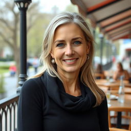 A full-height photograph of a woman aged 30 to 45 years with a natural appearance, featuring minimal makeup and well-groomed hair