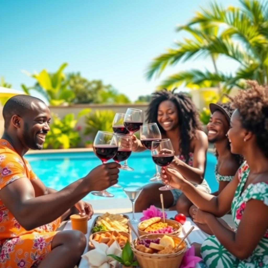 A lively black family celebrating together by a sparkling pool on a sunny day