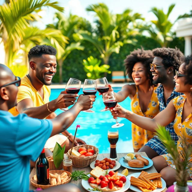 A lively black family celebrating together by a sparkling pool on a sunny day