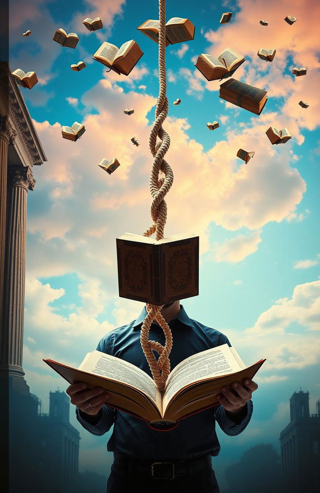 A conceptual book cover depicting a mysterious man with his face obscured, holding an open book in one hand