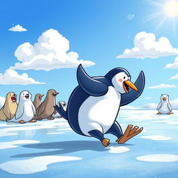 A whimsical and humorous scene in a cartoon style, featuring a clumsy penguin trying to ice skate on a frozen lake