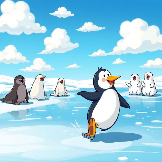 A whimsical and humorous scene in a cartoon style, featuring a clumsy penguin trying to ice skate on a frozen lake