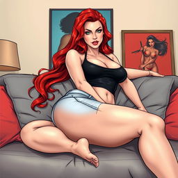 A realistic comic book style illustration of a stunningly beautiful woman with long, flame red hair, exaggeratedly curvy hourglass figure