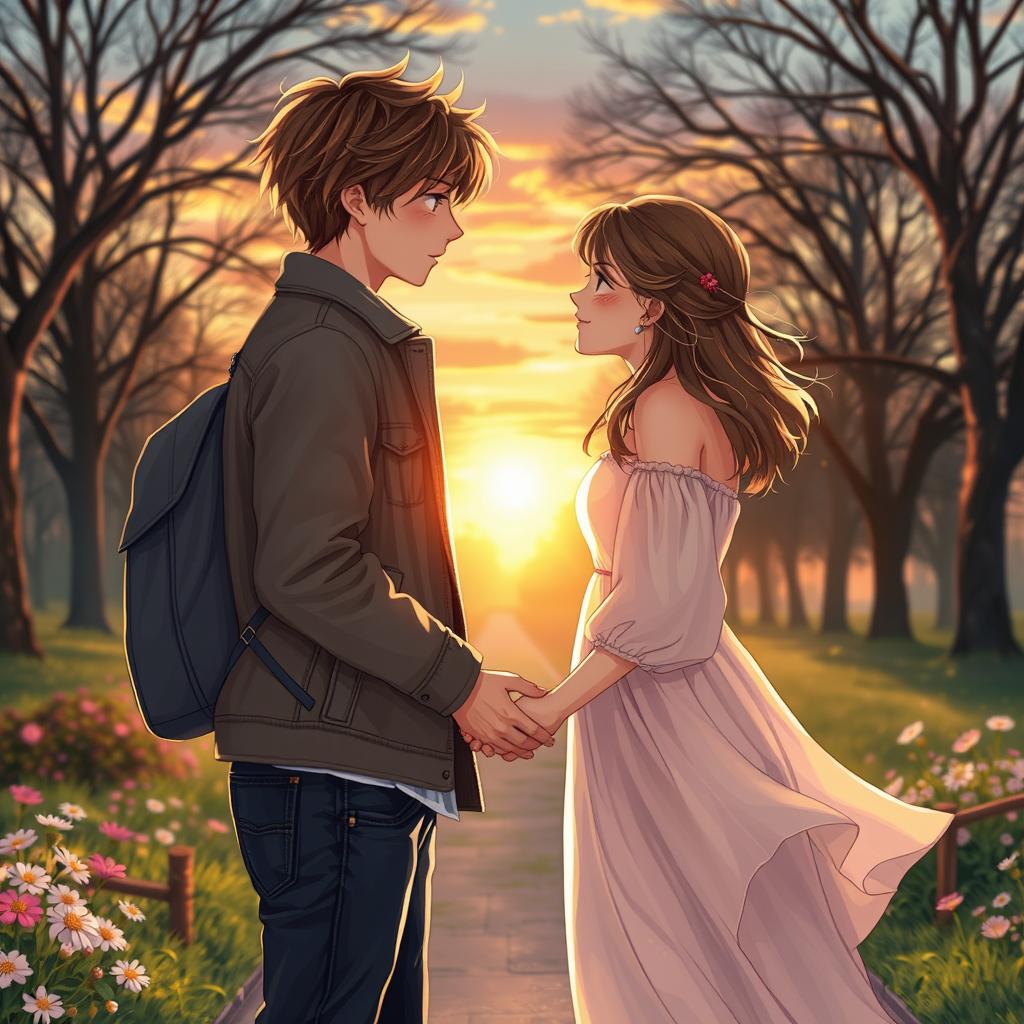 A touching scene depicting a boy and girl who met by destiny, both carrying the weight of their heartache but discovering love in each other's eyes