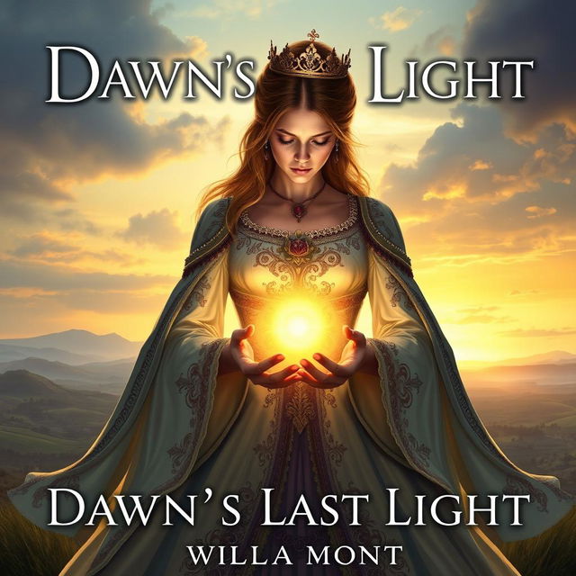 A captivating fantasy book cover for 'Dawn's Last Light' by Willa Mont, depicting a sad royal woman elegantly holding the sun in her hands