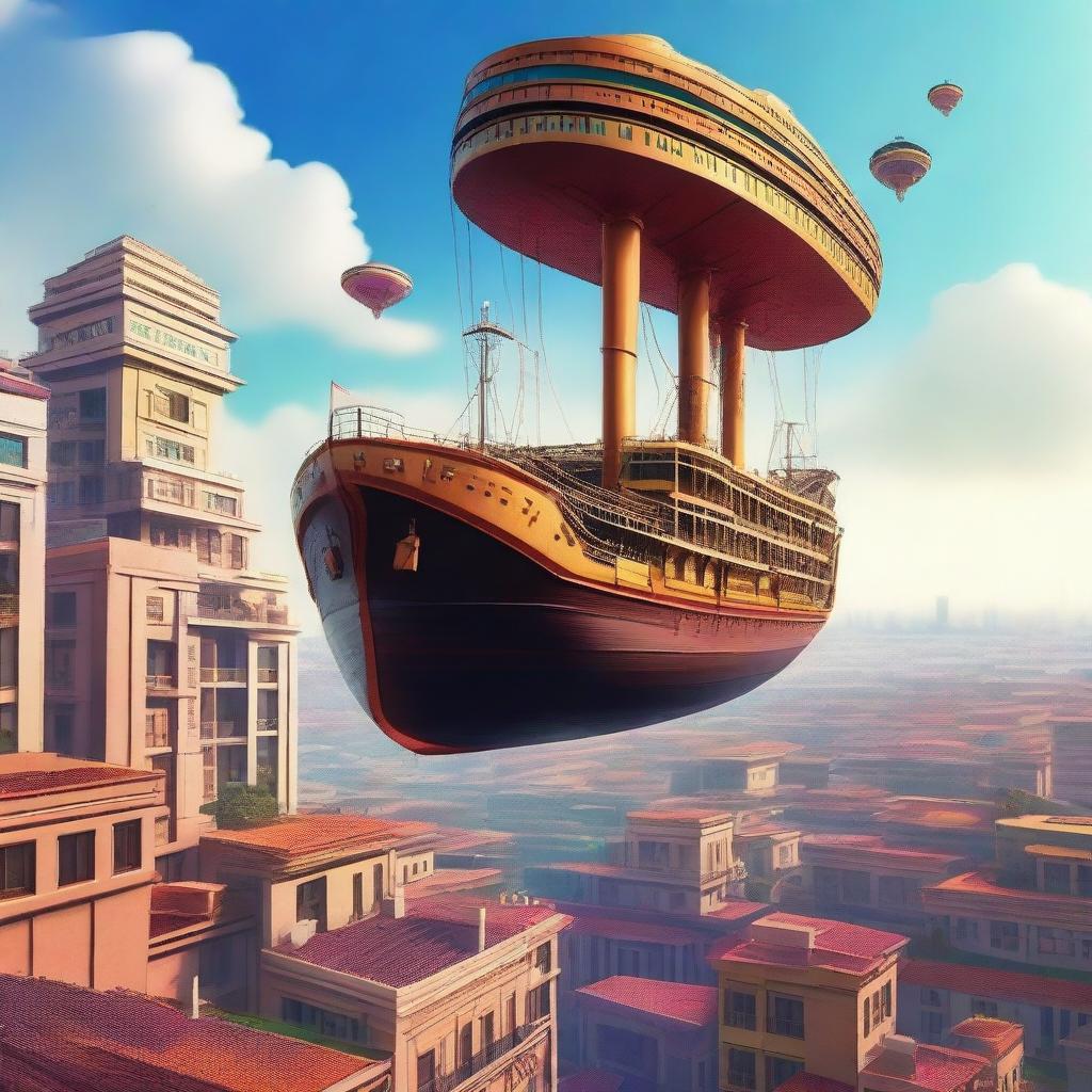 A high-quality digital art image of a vessel ship flying above a vibrant African city