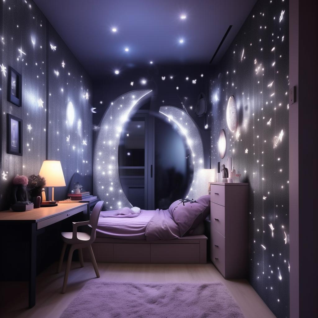 Design a modern, simple room for an 18-year-old, tomboyish yet girly girl with a balcony. Incorporate black, blue, purple, grey, and white lights arranged in moon and star designs. Blend Sanatan Dharma elements with anime and K-Drama themes along with a butterfly mirror wall decor.