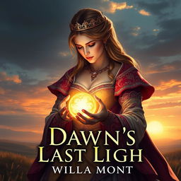 A captivating fantasy book cover for 'Dawn's Last Light' by Willa Mont, depicting a sad royal woman elegantly holding the sun in her hands