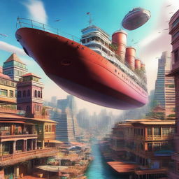 A high-quality digital art image of a vessel ship flying above a vibrant African city