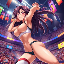 A sexy, partially naked anime girl athlete, showcasing an athletic physique, dynamic pose, with flowing hair