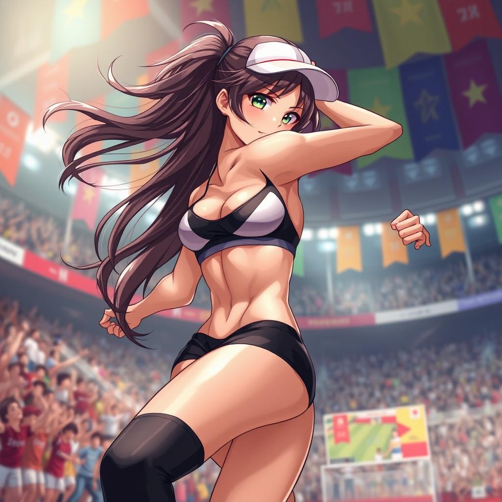 A sexy, partially naked anime girl athlete, showcasing an athletic physique, dynamic pose, with flowing hair