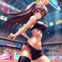 A sexy, partially naked anime girl athlete, showcasing an athletic physique, dynamic pose, with flowing hair