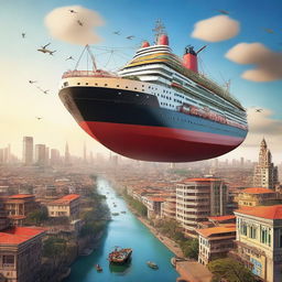 A high-quality digital art image of a vessel ship flying above a vibrant African city