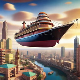 A high-quality digital art image of a vessel ship flying above a vibrant African city