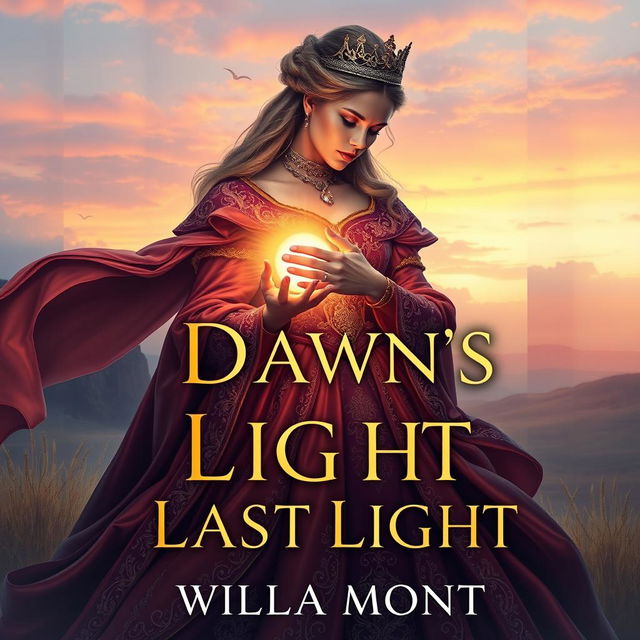 A beautifully enchanting book cover for 'Dawn's Last Light' by Willa Mont, showcasing a sad royal woman elegantly holding the sun in her hands