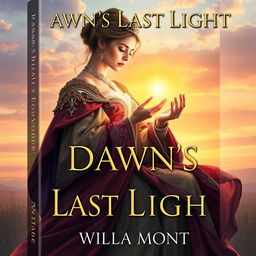 A beautifully enchanting book cover for 'Dawn's Last Light' by Willa Mont, showcasing a sad royal woman elegantly holding the sun in her hands