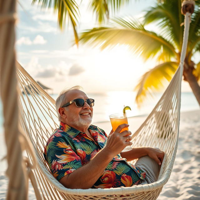 A 70-year-old man sitting comfortably in a beach hammock, enjoying a tropical cocktail