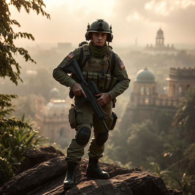 An elite American commando soldier in full tactical gear, standing confidently atop a rugged battlefield landscape in Saigon, Vietnam