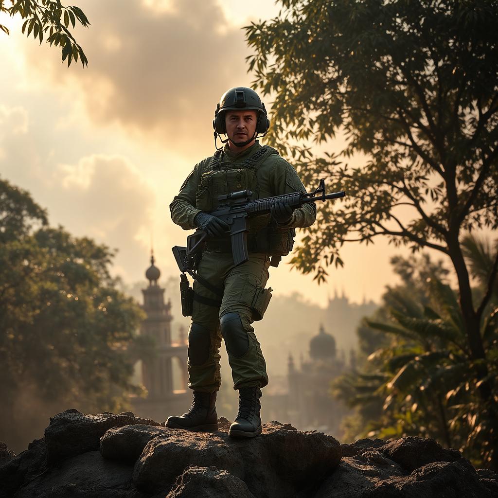 An elite American commando soldier in full tactical gear, standing confidently atop a rugged battlefield landscape in Saigon, Vietnam