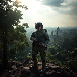 An elite American commando soldier in full tactical gear, standing confidently atop a rugged battlefield landscape in Saigon, Vietnam