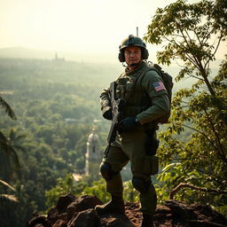 An elite American commando soldier in full tactical gear, standing confidently atop a rugged battlefield landscape in Saigon, Vietnam