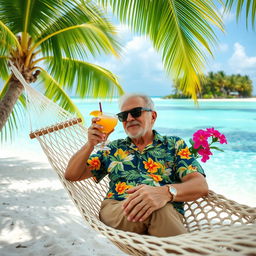 A 70-year-old man sitting comfortably in a hammock, sipping on a tropical cocktail