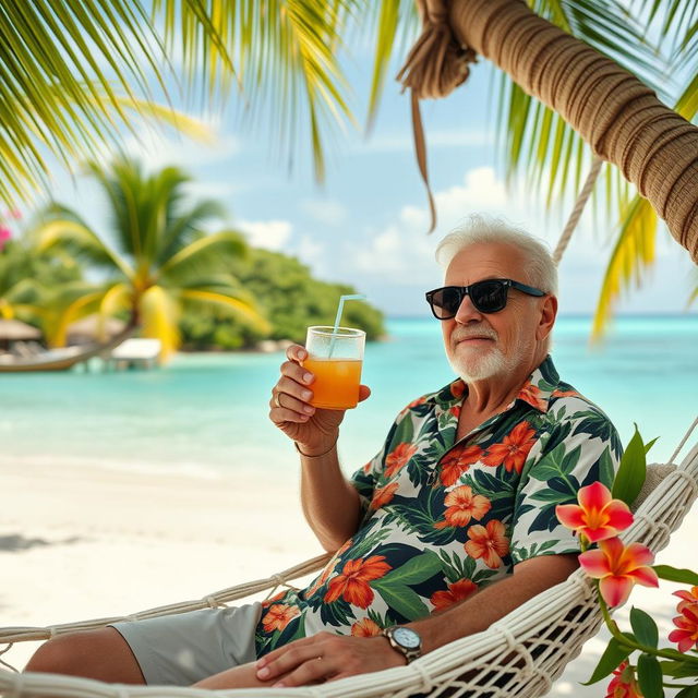 A 70-year-old man sitting comfortably in a hammock, sipping on a tropical cocktail