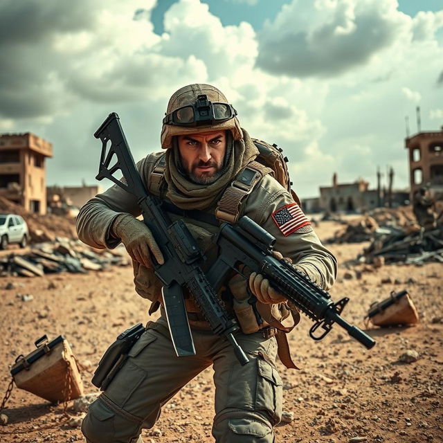 A fierce and skilled USA Commando in a third-world desert landscape, showcasing the extreme mastery of battle tactics