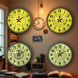 A set of glowing wall clocks themed around mathematics, showcasing intricate designs that incorporate various mathematical symbols, equations, and geometric shapes