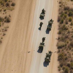 aerial view of 2 armored vehicles on a one-lane freeway followed by 10 combatants in military fatigue, armed with assault rifles, missile launcher and radio