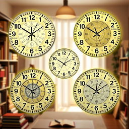 A set of glowing wall clocks themed around mathematics, showcasing intricate designs that incorporate various mathematical symbols, equations, and geometric shapes