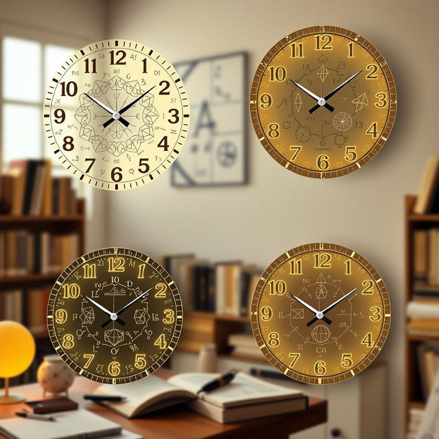 A set of glowing wall clocks themed around mathematics, showcasing intricate designs that incorporate various mathematical symbols, equations, and geometric shapes