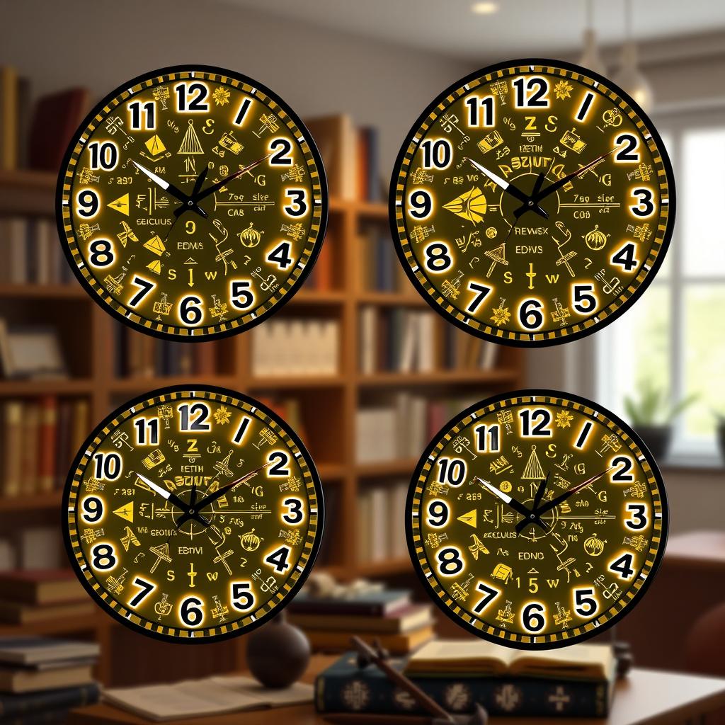 A set of glowing wall clocks themed around mathematics, showcasing intricate designs that incorporate various mathematical symbols, equations, and geometric shapes