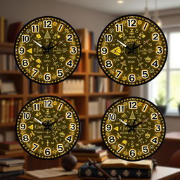 A set of glowing wall clocks themed around mathematics, showcasing intricate designs that incorporate various mathematical symbols, equations, and geometric shapes